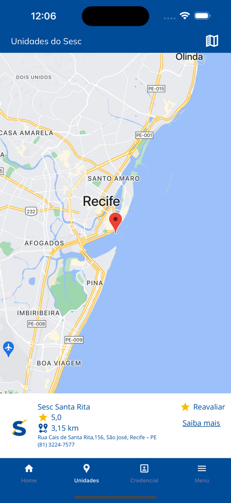 Schermata dell'app SESC PE che mostra una mappa delle unità di servizio a Recife