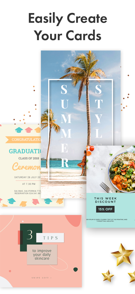 Photo Poster Maker - 卒業、夏スタイル、小売セールなど、カードやポスターのデザインテンプレートのコレクション