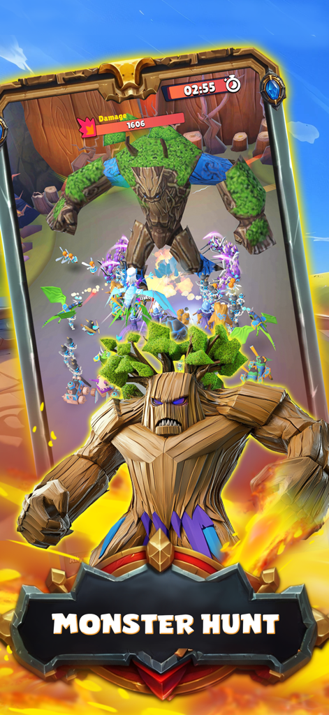 Epic monster hunt battle against a giant treant creature in Tiny Legends RPG