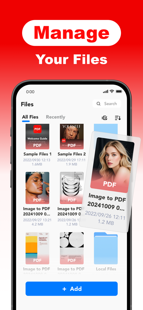SVF PDF: OCR Scan Edit Reader - SVF PDF app interface showing a list of scanned documents and folders with the heading Manage Your Files.