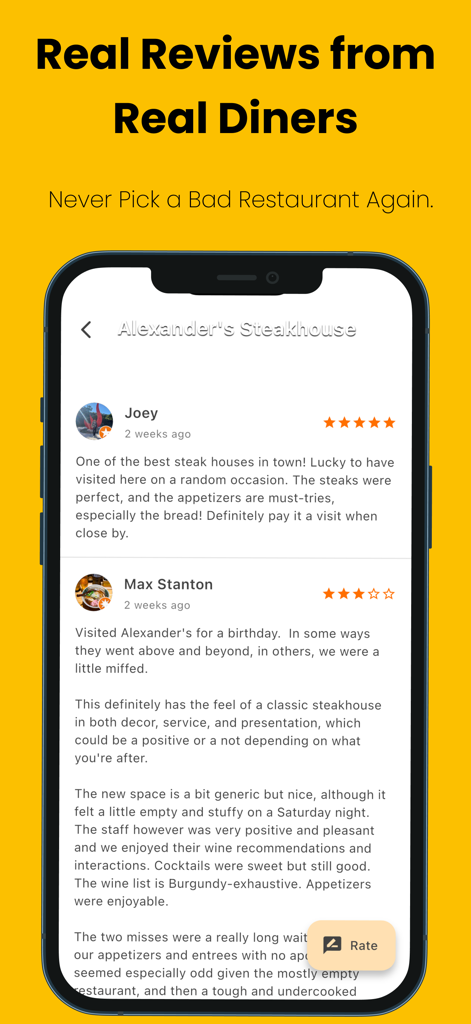 Plan to Eat: Dinner Planner - Mobile app screen showing real customer reviews and star ratings for a local steakhouse to help users make dining decisions
