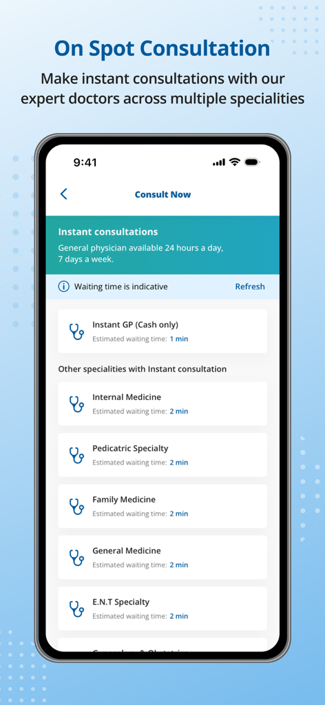Nahdicare app interface showing on spot consultation options for various medical specialties with estimated waiting times