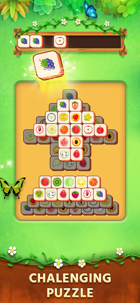 Tile Match - Puzzle - A challenging fruit tile matching puzzle game screen with a nature theme.