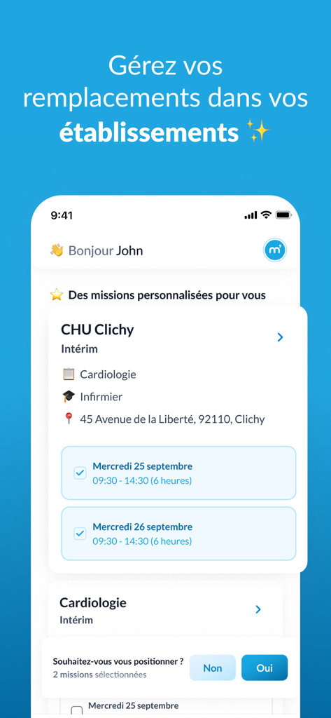 Mistertemp Group - Screenshot of the Mistertemp Group app showing personalized temporary job offers for a nurse