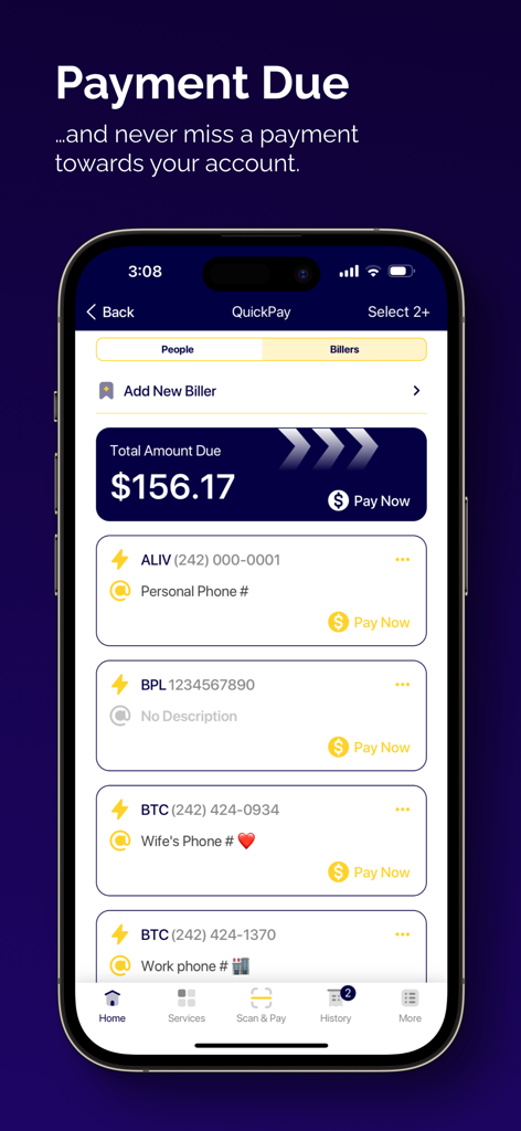 MoneyMaxx - MoneyMaxx mobile App-Screenshot, der den Fälligkeitsbildschirm für Rechnungszahler auf den Bahamas wie ALIV und BPL zeigt