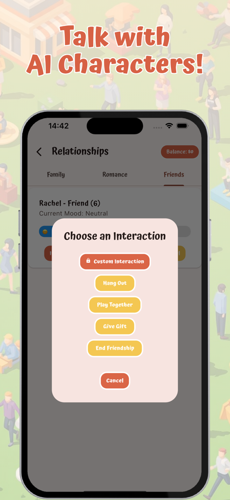 Infinite Life Simulation - Menú que muestra opciones de interacción con un personaje amigo de IA en la aplicación Simulación de Vida Infinita