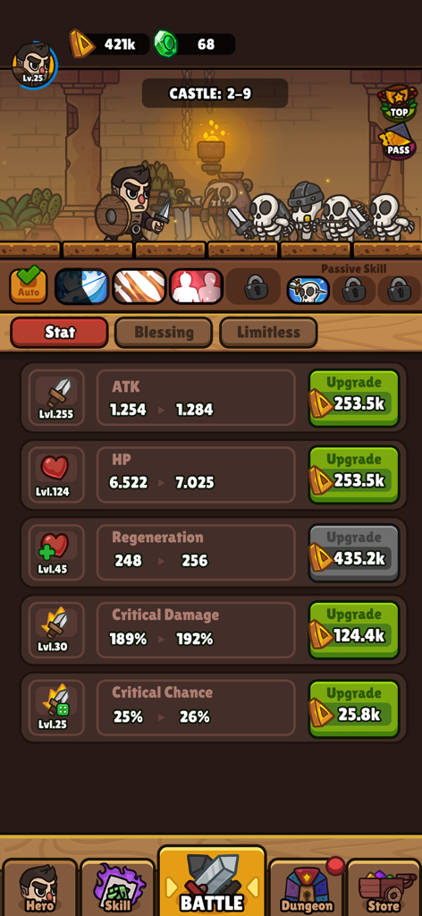 Idle RPG Adventure Heroのヒーローステータスとアップグレードオプションを表示する画面