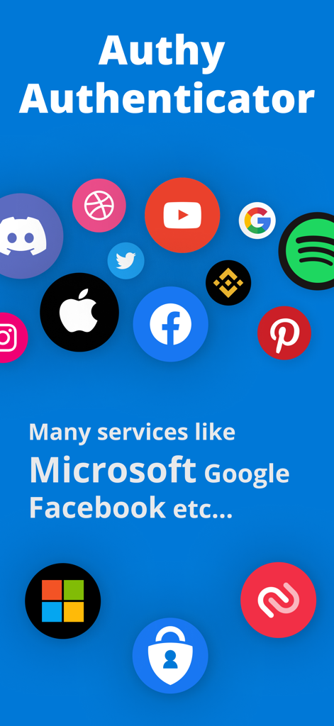Tela do Authy Authenticator mostrando logotipos de serviços suportados como Google e Facebook