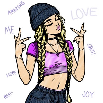realistic teenage girl with braids and a beanie and crop top doing 🫶🏼