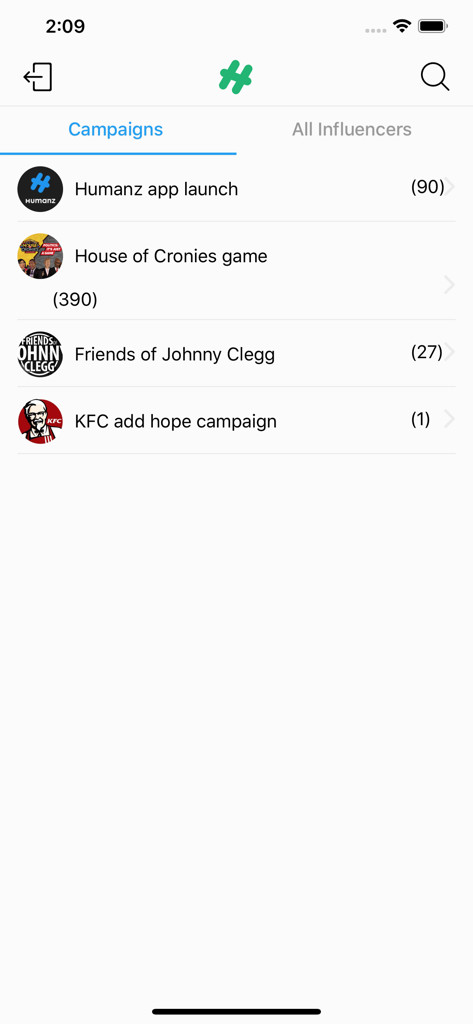 Humanz Advertisers - Humanz Advertisers app screen showing a list of active marketing campaigns for influencers