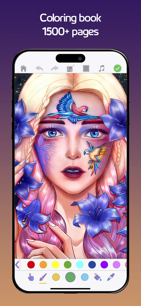 ColorRing・Adult Coloring Book - Detailed digital coloring page of a woman with blue flowers and birds on a mobile app interface
