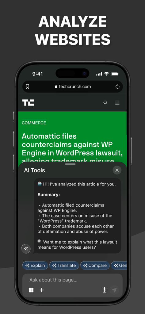 AI Browser ® - Interface de l'AI Browser sur un iPhone fournissant un résumé sous forme de points d'un article d'actualité technologique