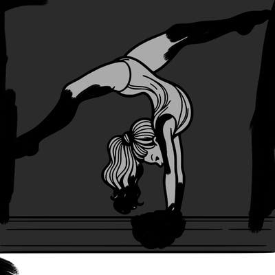 gymnast doing split handstand on a beam