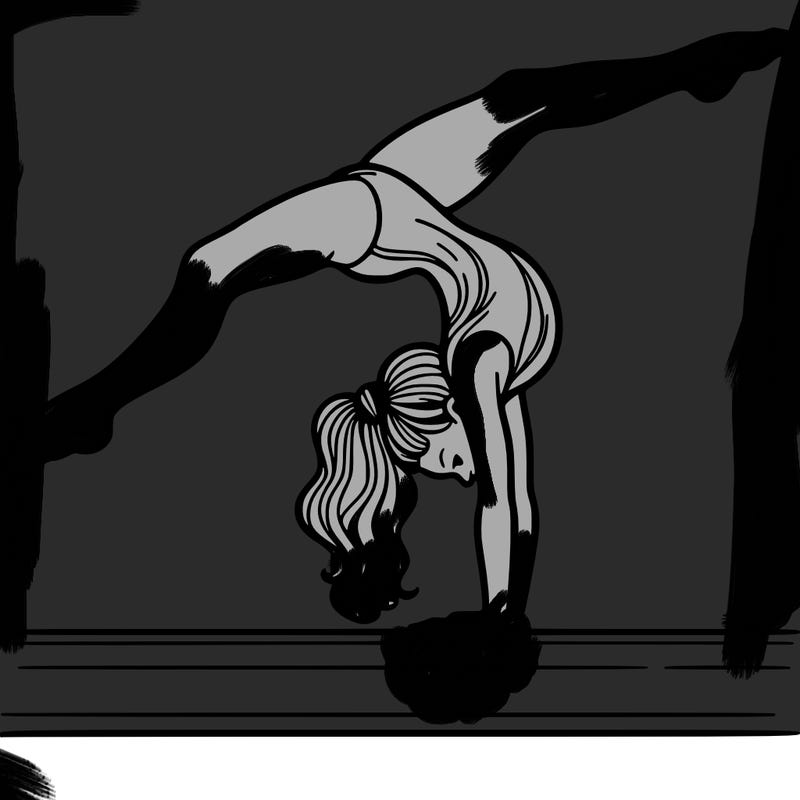 gymnast doing split handstand on a beam