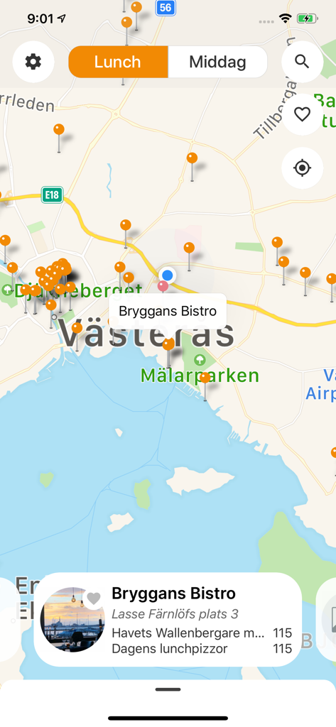 Gastrogate - Carte de l'application Gastrogate montrant les emplacements des restaurants et les menus du jour à Vasteras