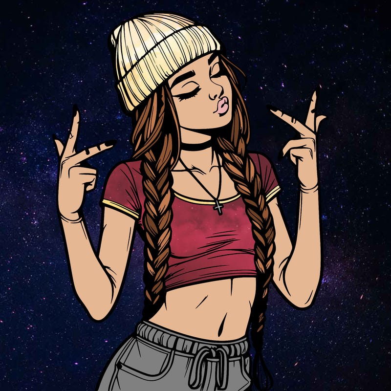 realistic teenage girl with braids and a beanie and crop top doing 🫶🏼