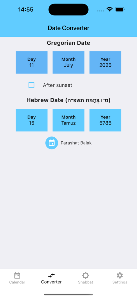Jewish Calendar Dates - Interfaz de la aplicación Fechas del Calendario Judío mostrando el convertidor entre fechas gregorianas y hebreas.