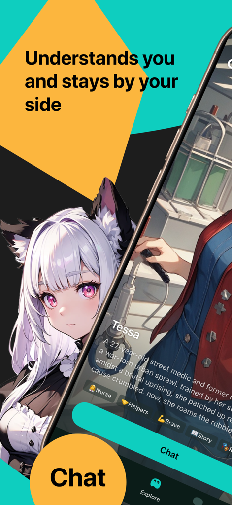 Mobile app screen showing an anime character profile with a chat button