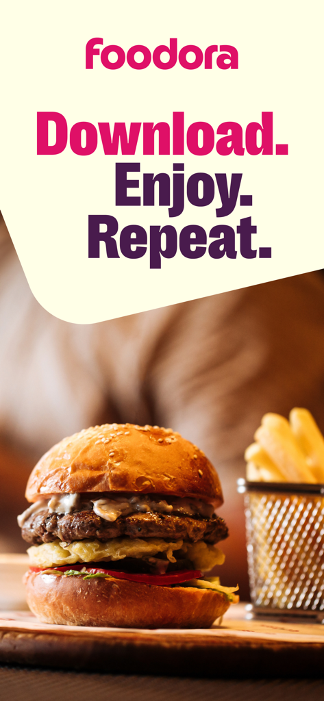 foodora AT: Food & Groceries - foodora AT food delivery app showing a delicious burger and fries with the slogan Download Enjoy Repeat