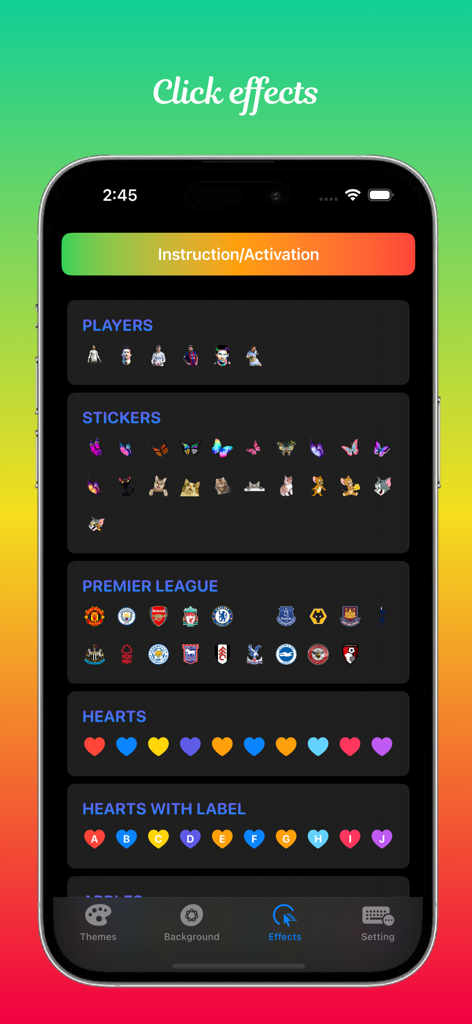 A menu in the Type Geez Keyboard app showing various click effects including soccer players, stickers, and colorful hearts.