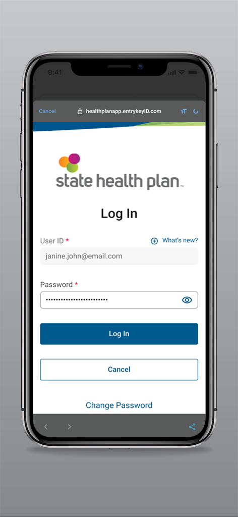 Login screen of the Health Insurance Portal app for state health plan members