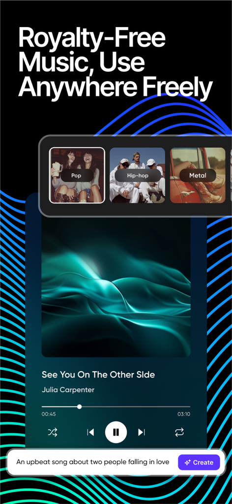 Interfaz de la aplicación Music Studio AI que muestra opciones de música libre de derechos y una indicación de texto para la generación de canciones