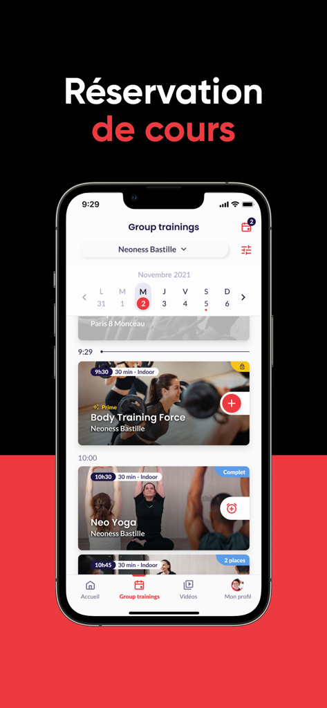 Neoness - Pantalla de reserva de entrenamiento grupal en la aplicación móvil Neoness que muestra una lista de clases de fitness disponibles.
