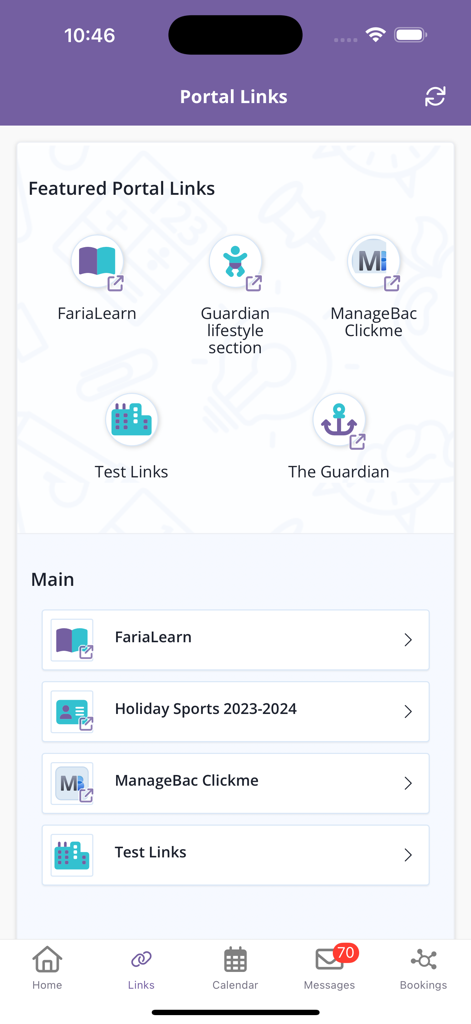 SchoolsBuddy 2.0 - Pantalla de enlaces del portal de la aplicación SchoolsBuddy 2.0 que muestra accesos directos a FariaLearn y ManageBac