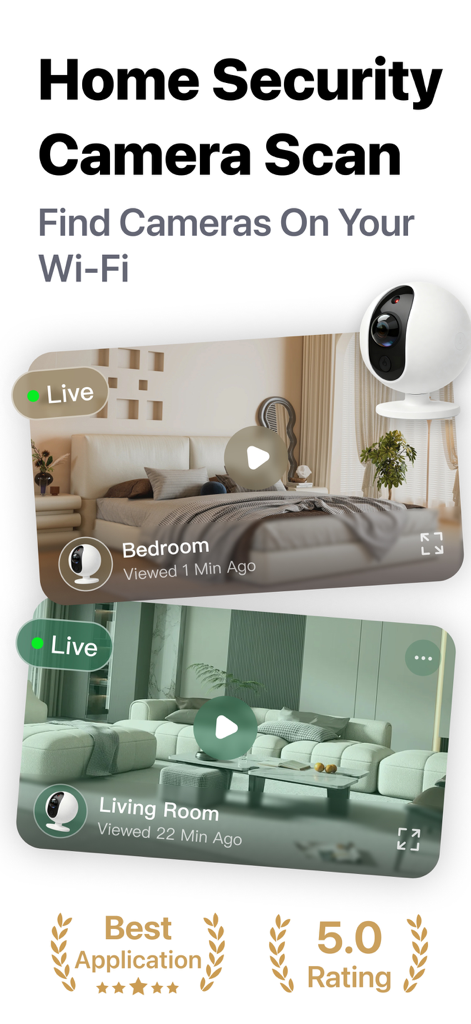 Home Security Camera Scan - Interfaz de la aplicación Escaneo de Cámaras de Seguridad del Hogar mostrando detección de cámaras Wi-Fi y vistas de habitaciones en vivo