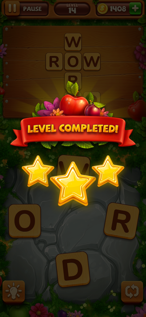 Word Yard mobile game level completed screen with three stars