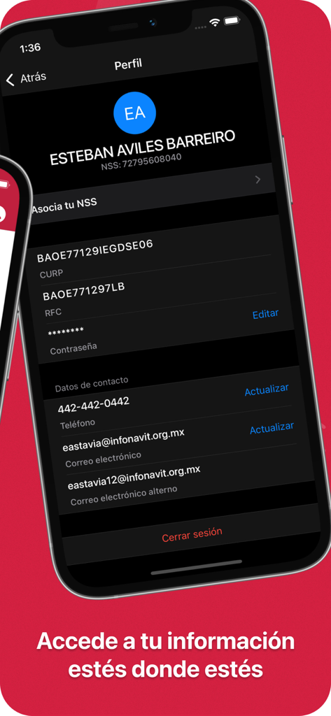 Mi Cuenta Infonavit Móvil - Pantalla de perfil de usuario en la aplicación Mi Cuenta Infonavit Móvil mostrando detalles personales y de contacto
