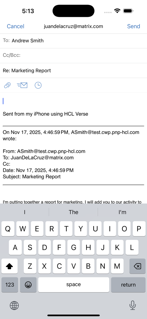 Écran de composition et de réponse des e-mails dans l'application professionnelle HCL Verse