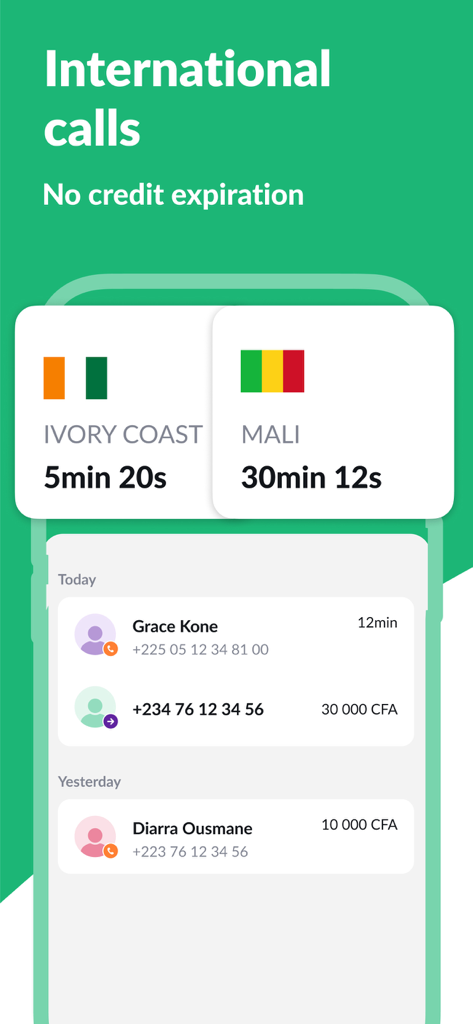 Pantalla de la app Libon mostrando minutos de llamadas internacionales para Costa de Marfil y Mali y el historial de llamadas recientes.