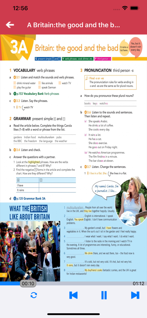 牛津英语 English File -Elementary - English File Elementary app interface showing a lesson about Britain with grammar and vocabulary exercises