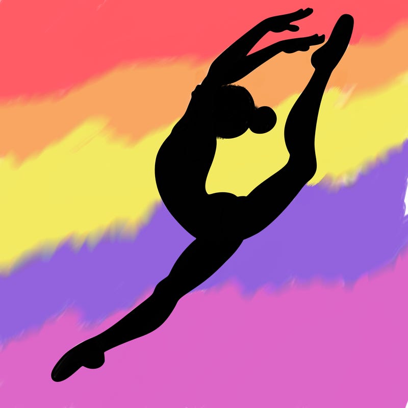 gymnast doing a leap in a leotard with a bent back leg