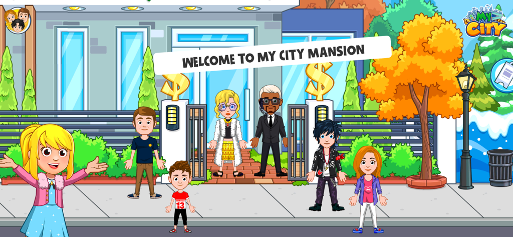Des personnages de dessin animé devant une maison de luxe avec un panneau de bienvenue My City Manoir