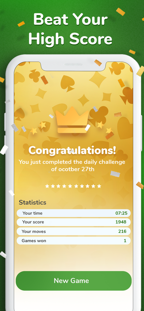 Solitaire - Classic Card 2026 - Win screen for Solitaire Classic Card showing daily challenge completion and game statistics