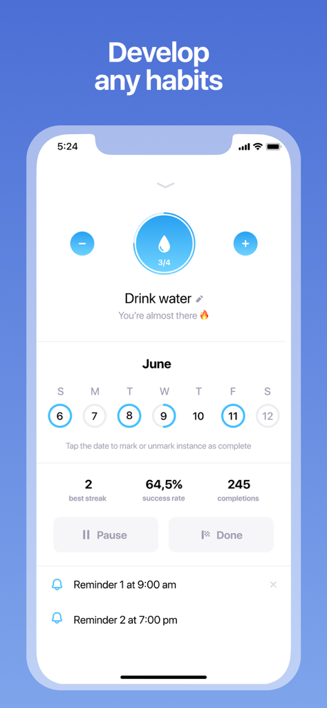 Tappsk habit tracker interface showing drink water progress and statistics