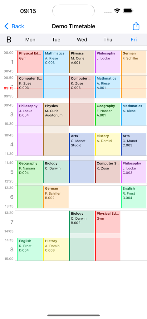 SchoolRoom - A color-coded weekly school timetable in the SchoolRoom app showing class subjects, teachers, and room locations for Monday through Friday.