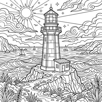 Embark on a creative journey with this modern lighthouse coloring page designed especially for kids. Discover a detailed coastal scene, complete with a majestic lighthouse, crashing waves, and sailing boats, just waiting for a splash of color.