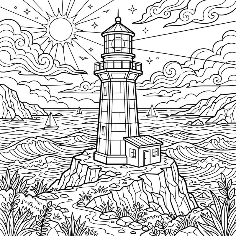 Embark on a creative journey with this modern lighthouse coloring page designed especially for kids. Discover a detailed coastal scene, complete with a majestic lighthouse, crashing waves, and sailing boats, just waiting for a splash of color.