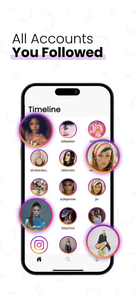 Interfaz de la app móvil mostrando una línea de tiempo de cuentas de Instagram seguidas para visualización anónima de historias