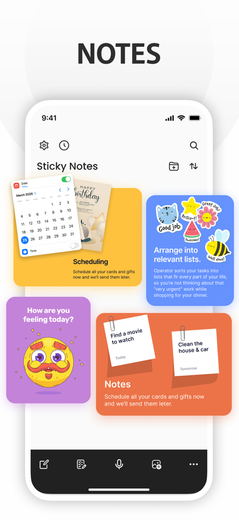 Sticky Notes:Widget Color Icon - Pantalla de iPhone que muestra coloridos widgets de notas adhesivas para programar listas de tareas y seguimiento del estado de ánimo