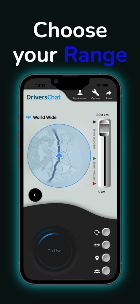 Drivers Chat app interface for choosing a communication range using a map and distance slider.