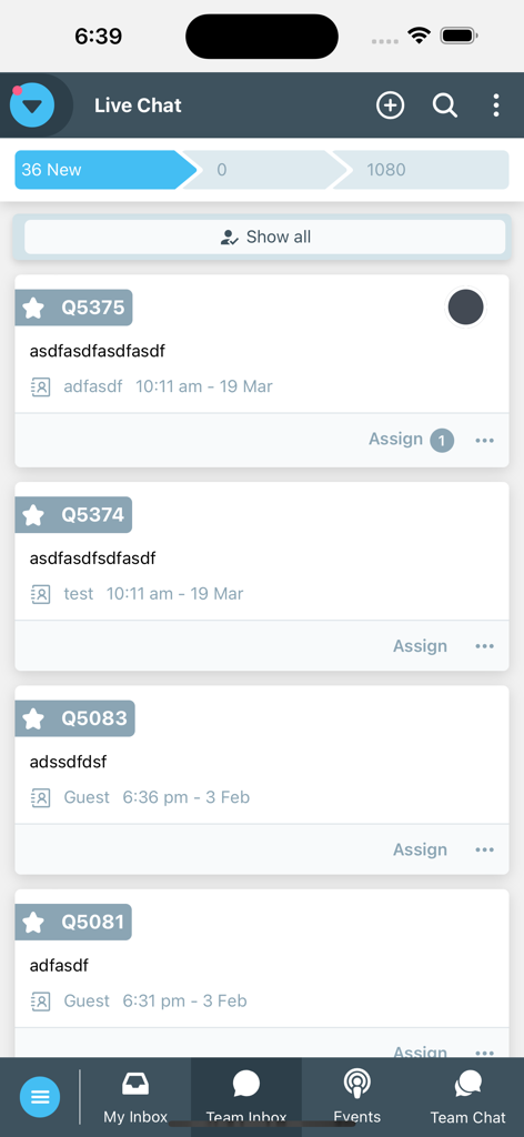 Chatify mobile app interface showing the team inbox with several customer chat queries