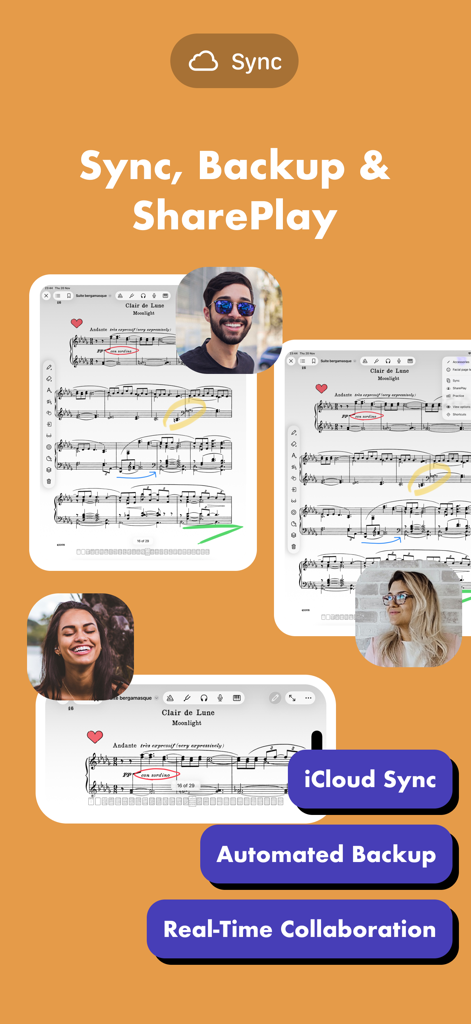 Una muestra de las características de la aplicación digitalScore, incluyendo sincronización, copia de seguridad y colaboración en tiempo real para partituras.