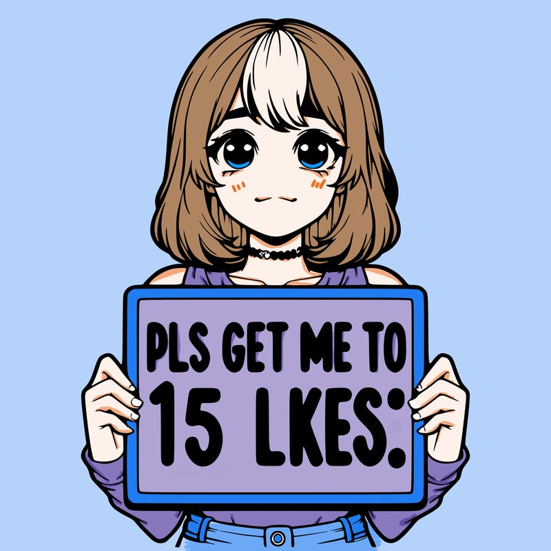 realistic girl holding up a sign that says “pls get me to 15 likes!”