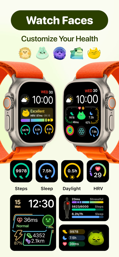Stress Monitor - Moodpress - Moodpress Apple Watch faces displaying stress monitoring, HRV, steps, and sleep tracking complications