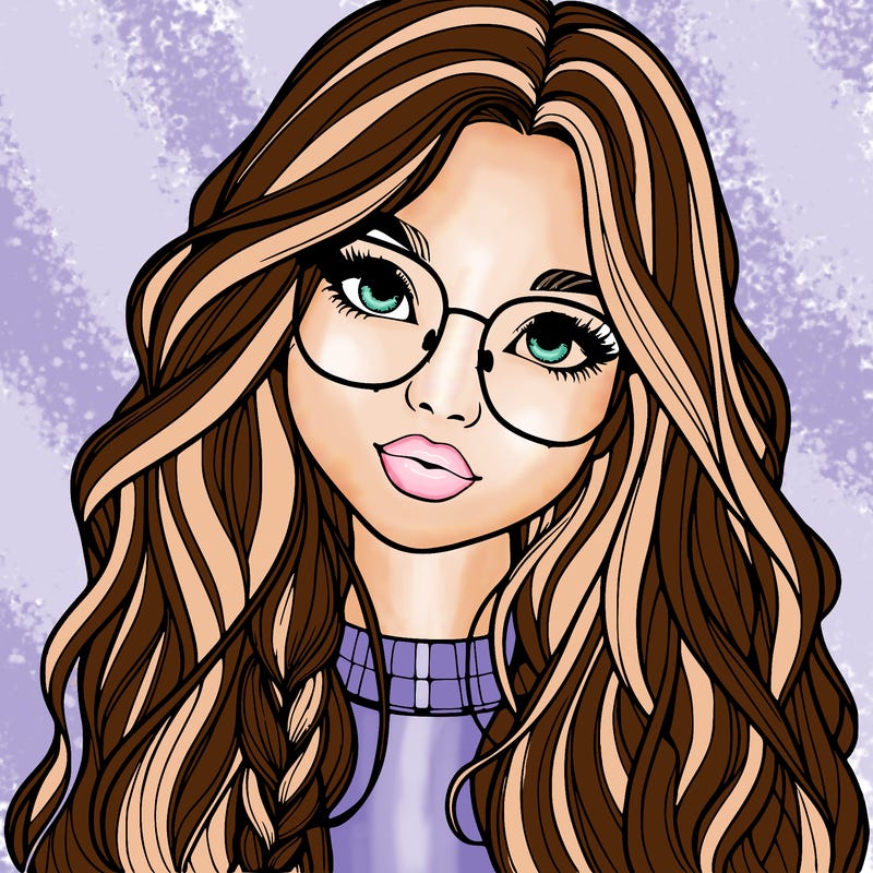girl with long hair and freckles and glasses realistic