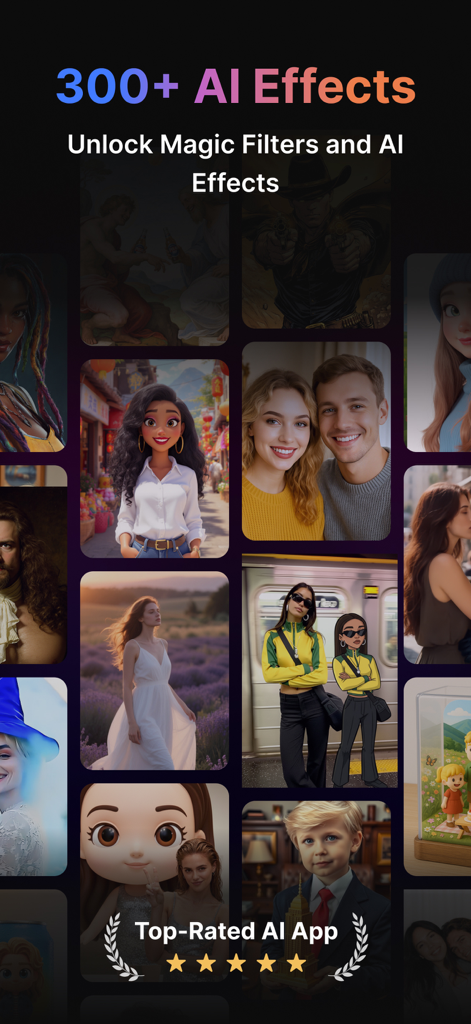 Pollo AI - AI Video Generator - Pollo AI app screen showcasing 300 plus AI effects and magic filters with a top rated app badge